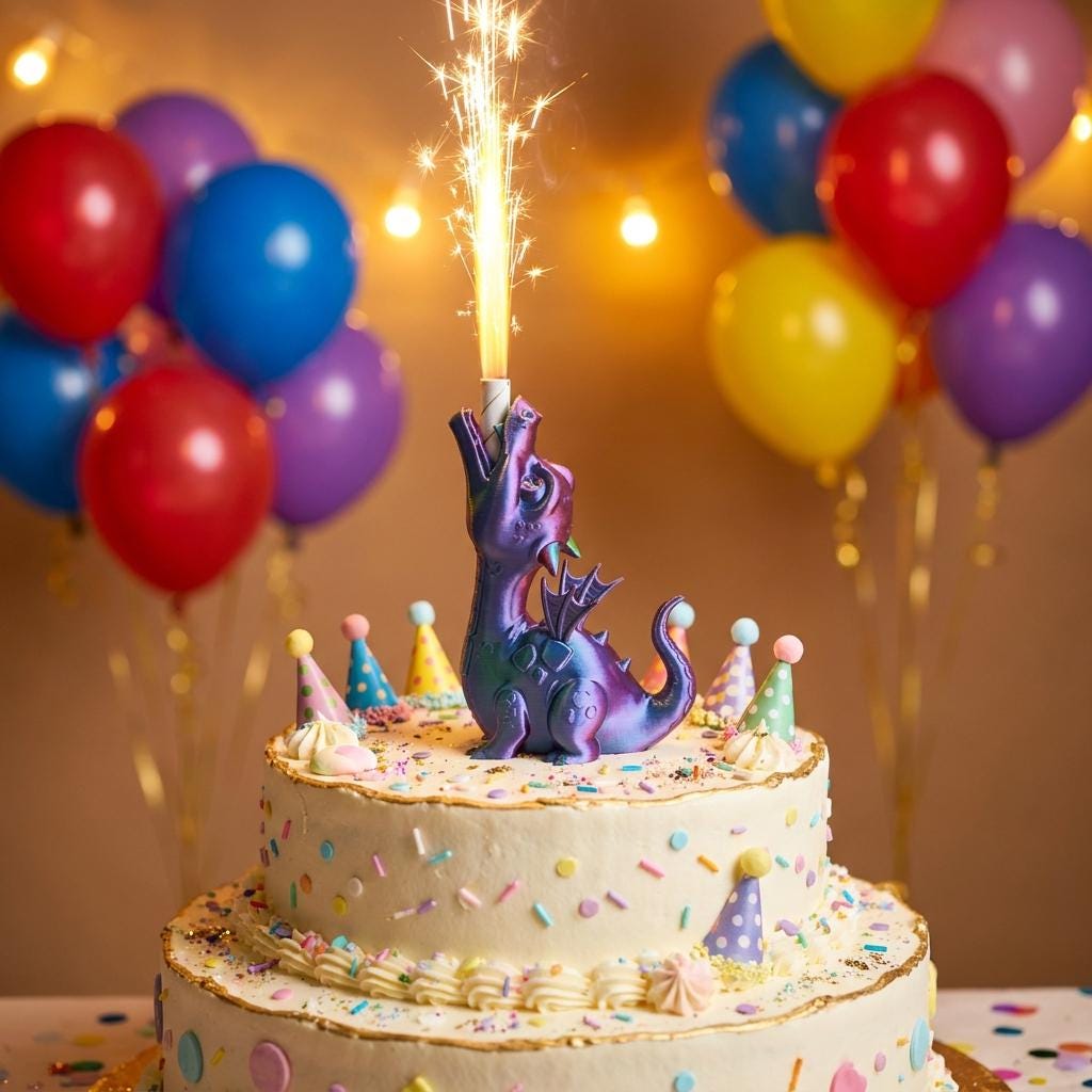 Iridescent 3D-printed dragon cake topper holding a birthday sparkler on a decorated cake